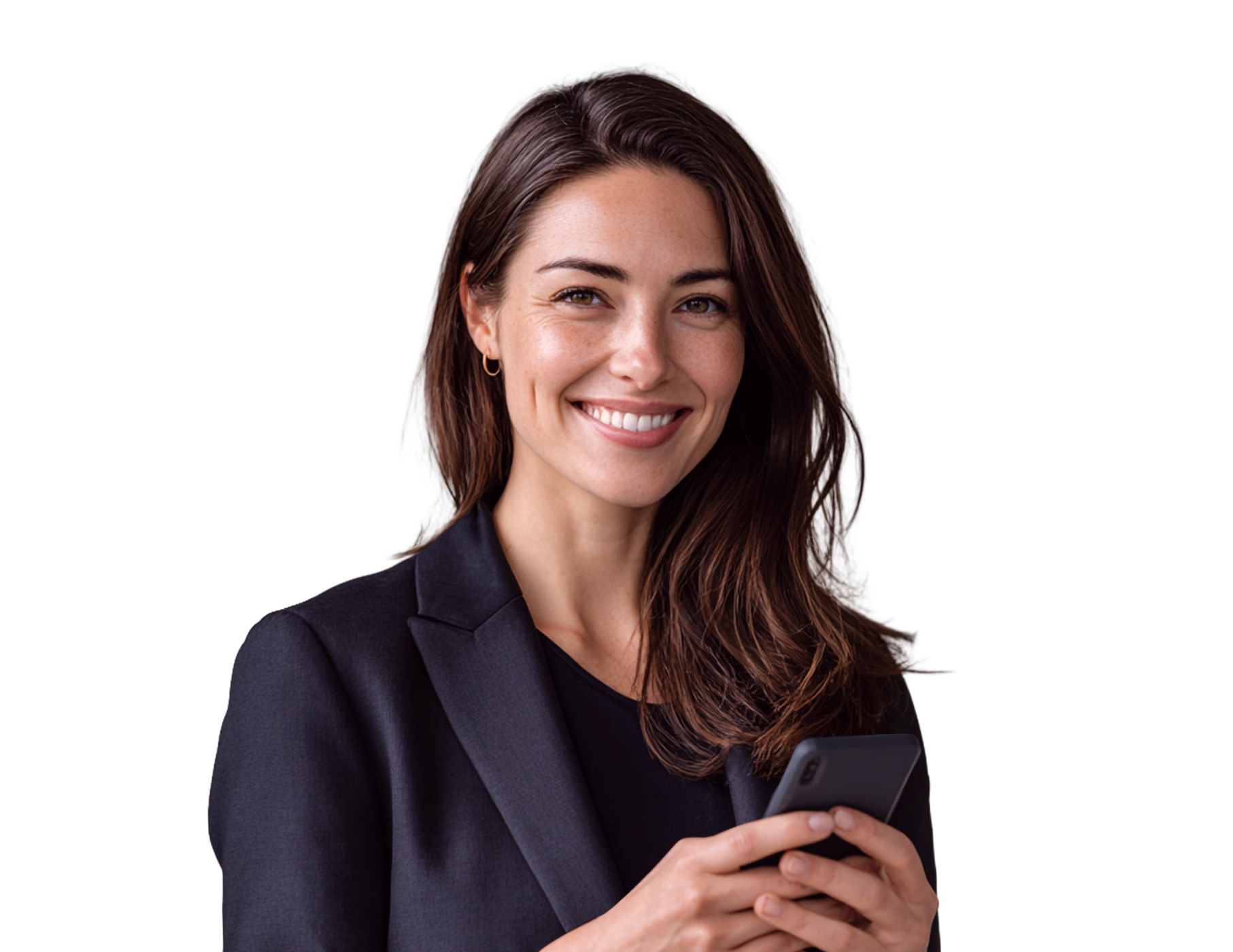 Smiling airline professional in a dark suit holding a phone