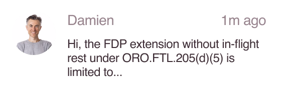 Crew message asking about an FDP extension without in-flight rest under ORO.FTL.205(d)(5)
