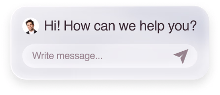 Example card: support chat window reading Hi! How can we help you?