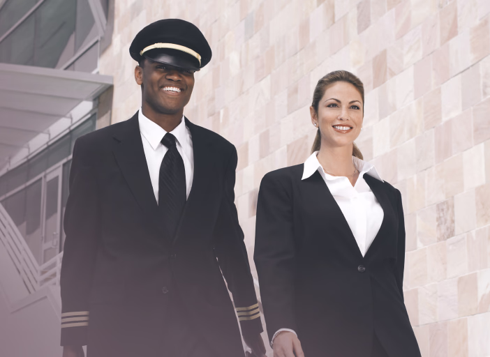 Pilot and flight attendant standing together in uniform