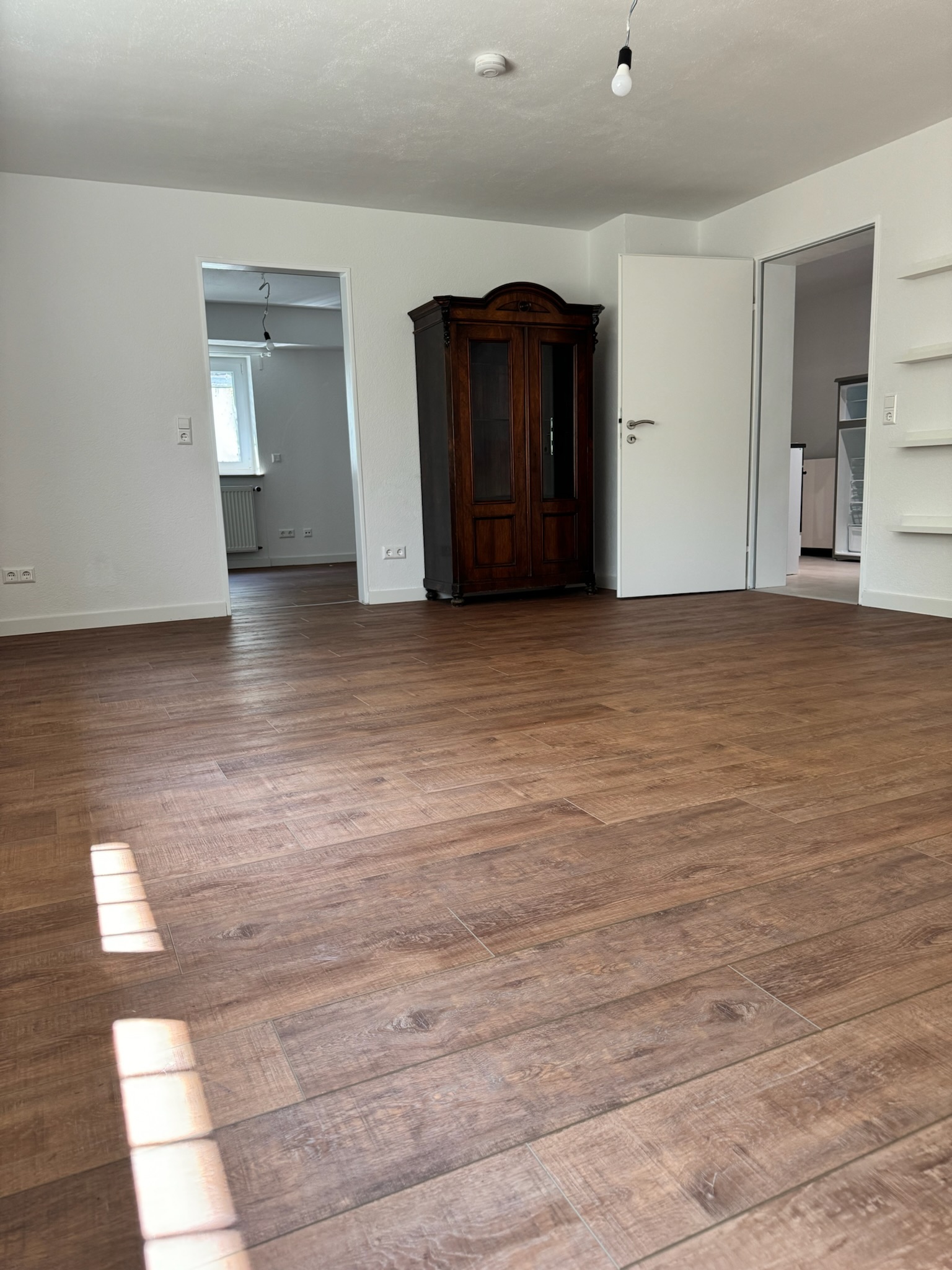 Dunkle Landhausdielen, verlegt von Damian Parkett & Boden, die sich über einen großen Wohnbereich mit mehreren Türöffnungen erstrecken.