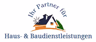 Logo mit Hausdach, Schornstein und Gartenwerkzeug, Text Ihr Partner für Haus- & Baudienstleistungen.