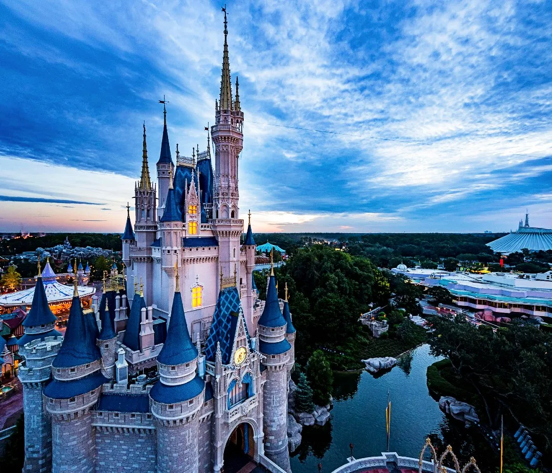 Ariel view of the Castle and Space Mountain at Disney World in Orlando, FL