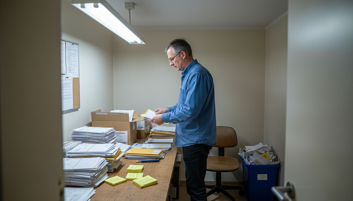 Ein Mitarbeiter sortiert Geschäftspost im Postraum des Unternehmens.
