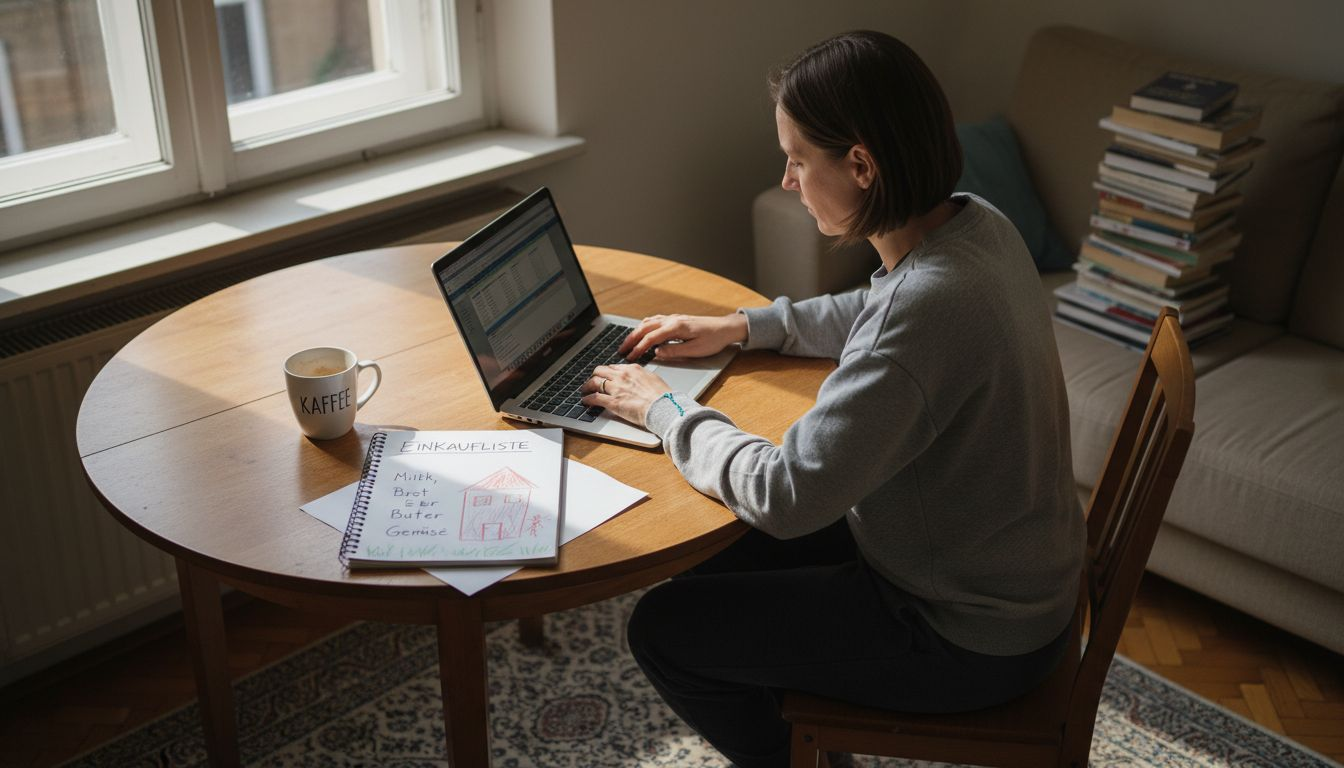 Eine Frau arbeitet entspannt im Homeoffice an ihrem Schreibtisch.