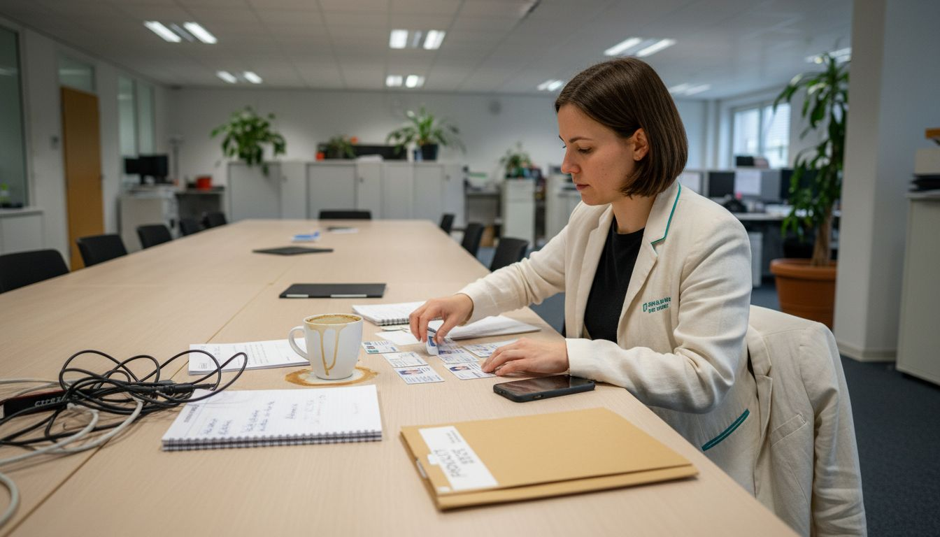 Ein Gründer sortiert und ordnet die Unterlagen für die Anmeldung seines Unternehmens.