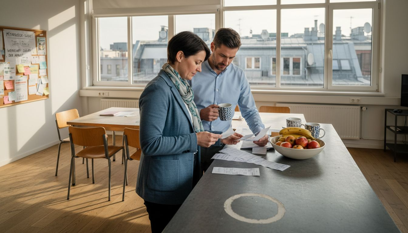 Coworking-Mitglieder tauschen sich in der Gemeinschaftsküche über ihre Ausgaben aus.