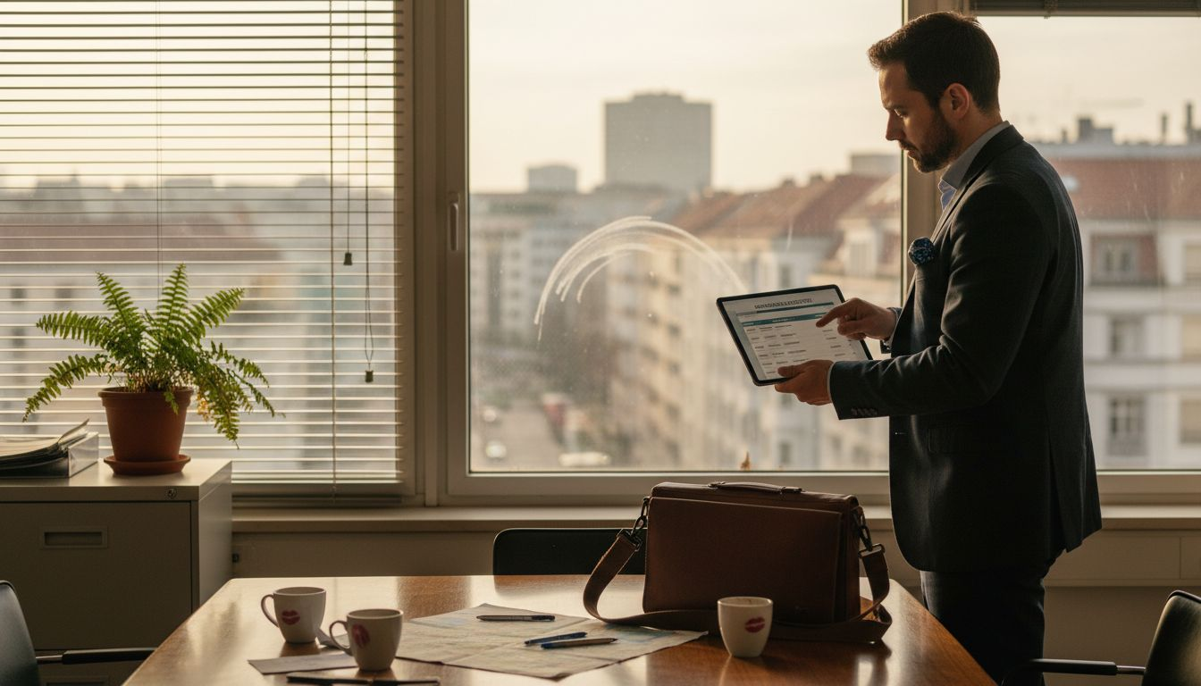 Ein Berater prüft verschiedene flexible Bürolösungen und vergleicht deren Standorte miteinander.