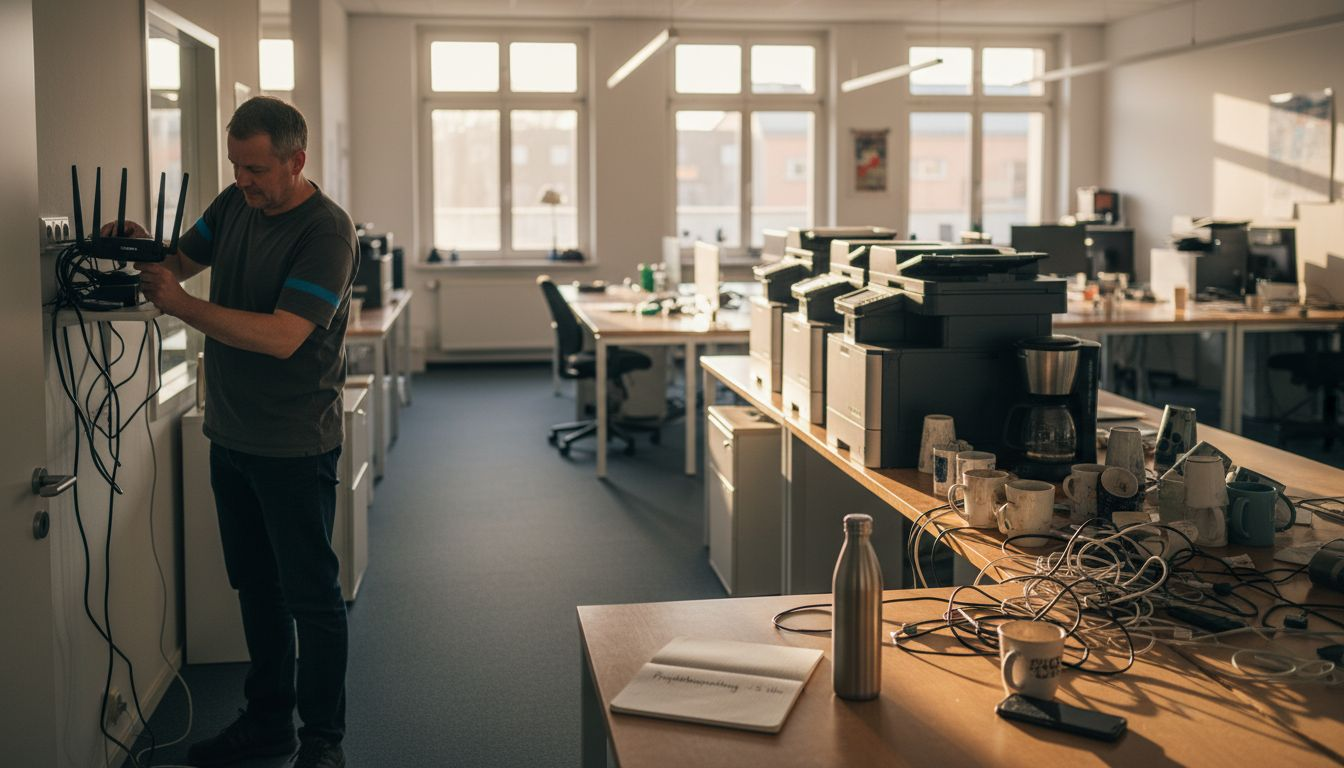 Ein Techniker überprüft die Geräte im Gemeinschaftsbüro.