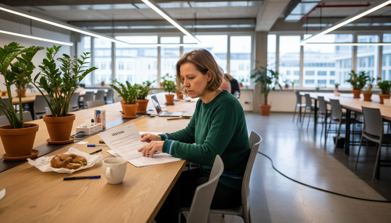 Eine Frau prüft aufmerksam einen Vertrag in einem modernen Coworking-Space.