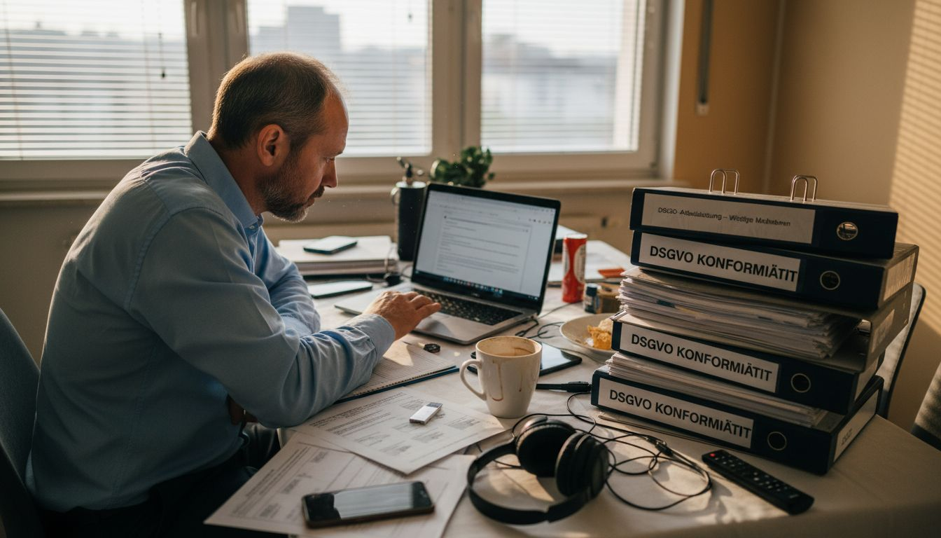 Ein IT-Manager überprüft am heimischen Schreibtisch die Einhaltung des Datenschutzes.