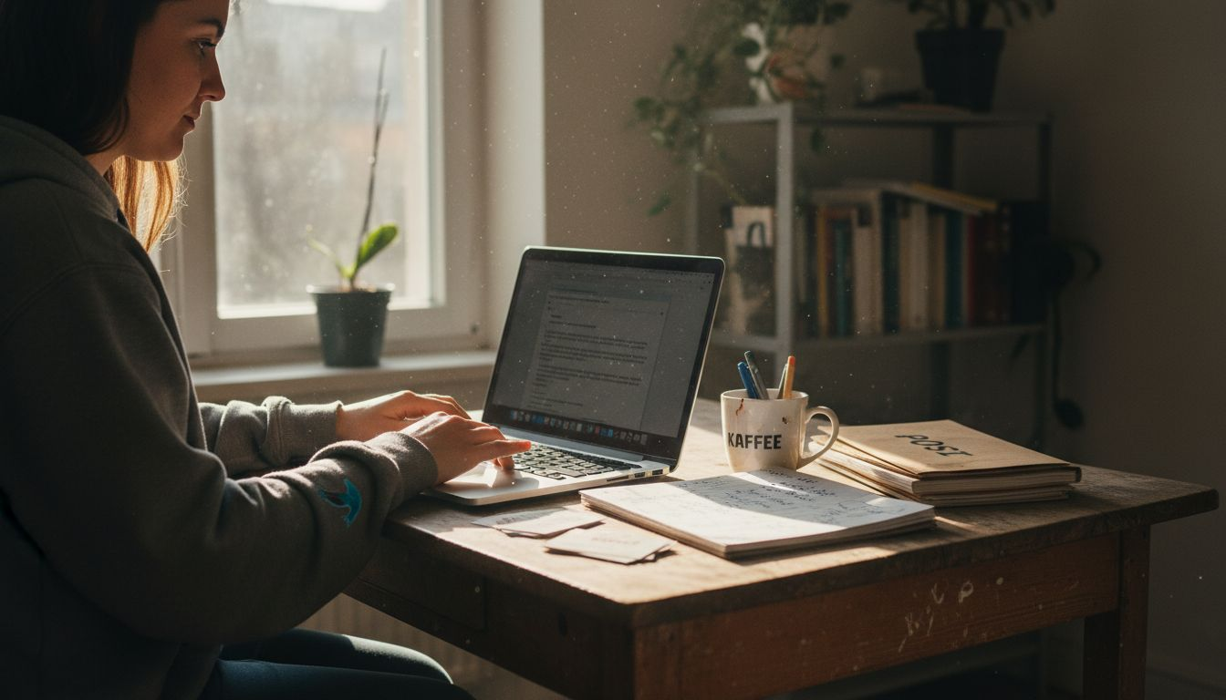 Ein Selbstständiger sitzt mit seinem Laptop am Küchentisch und arbeitet.