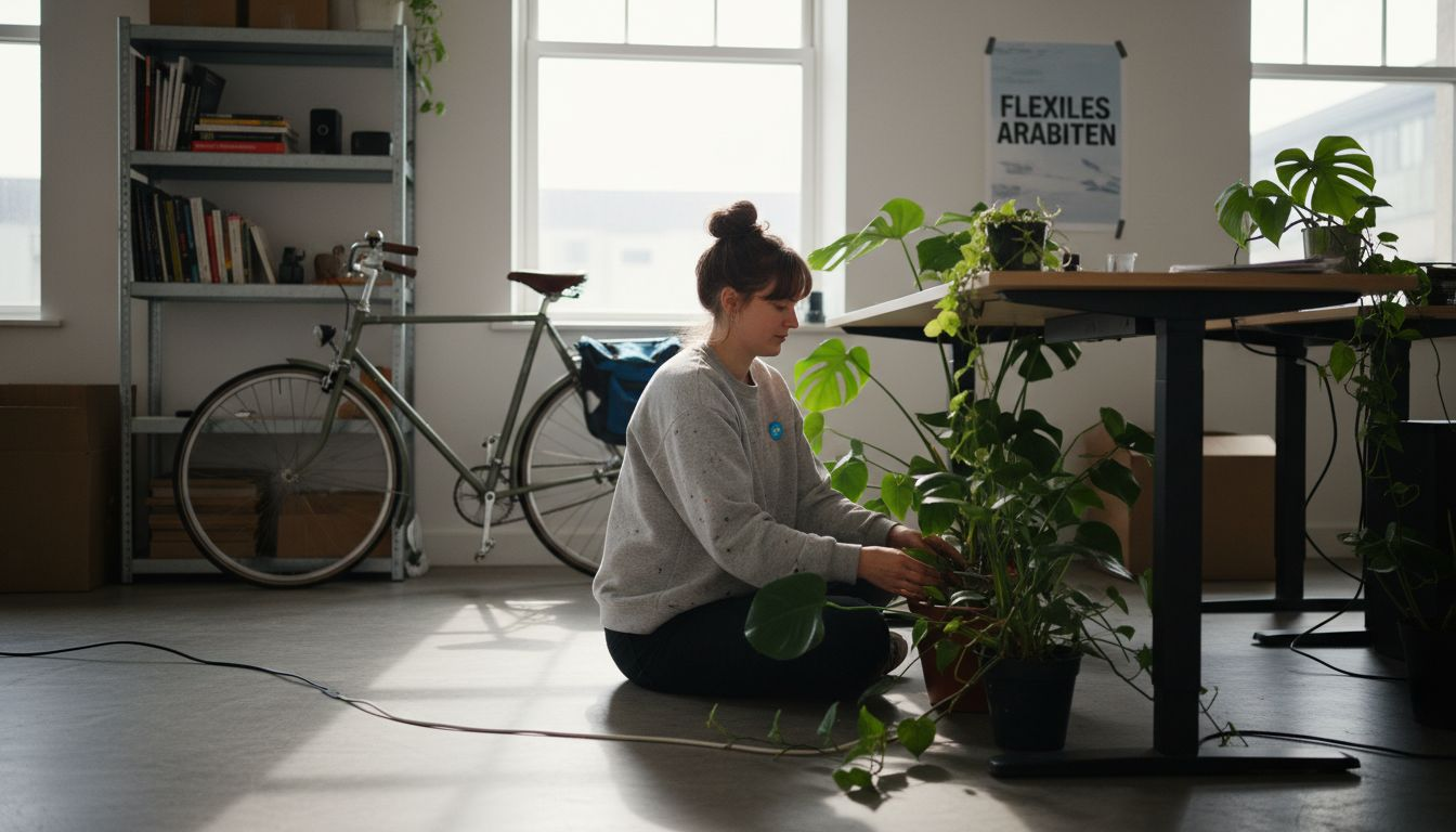 Eine Frau schafft mit Pflanzen eine flexible und inspirierende Arbeitsumgebung.