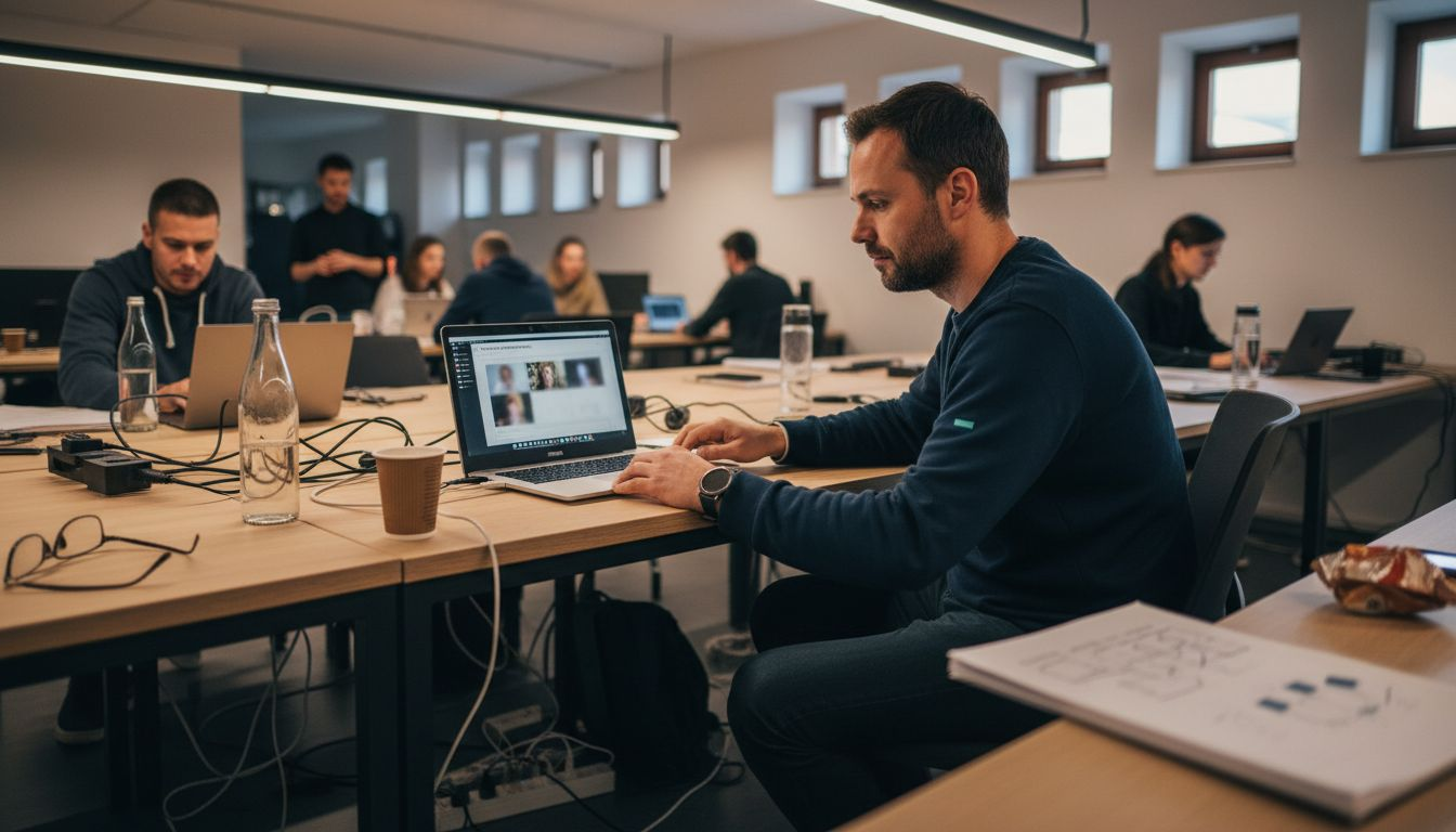 Ein Mann richtet sich einen modernen Arbeitsplatz ein und sorgt für eine professionelle Arbeitsatmosphäre.