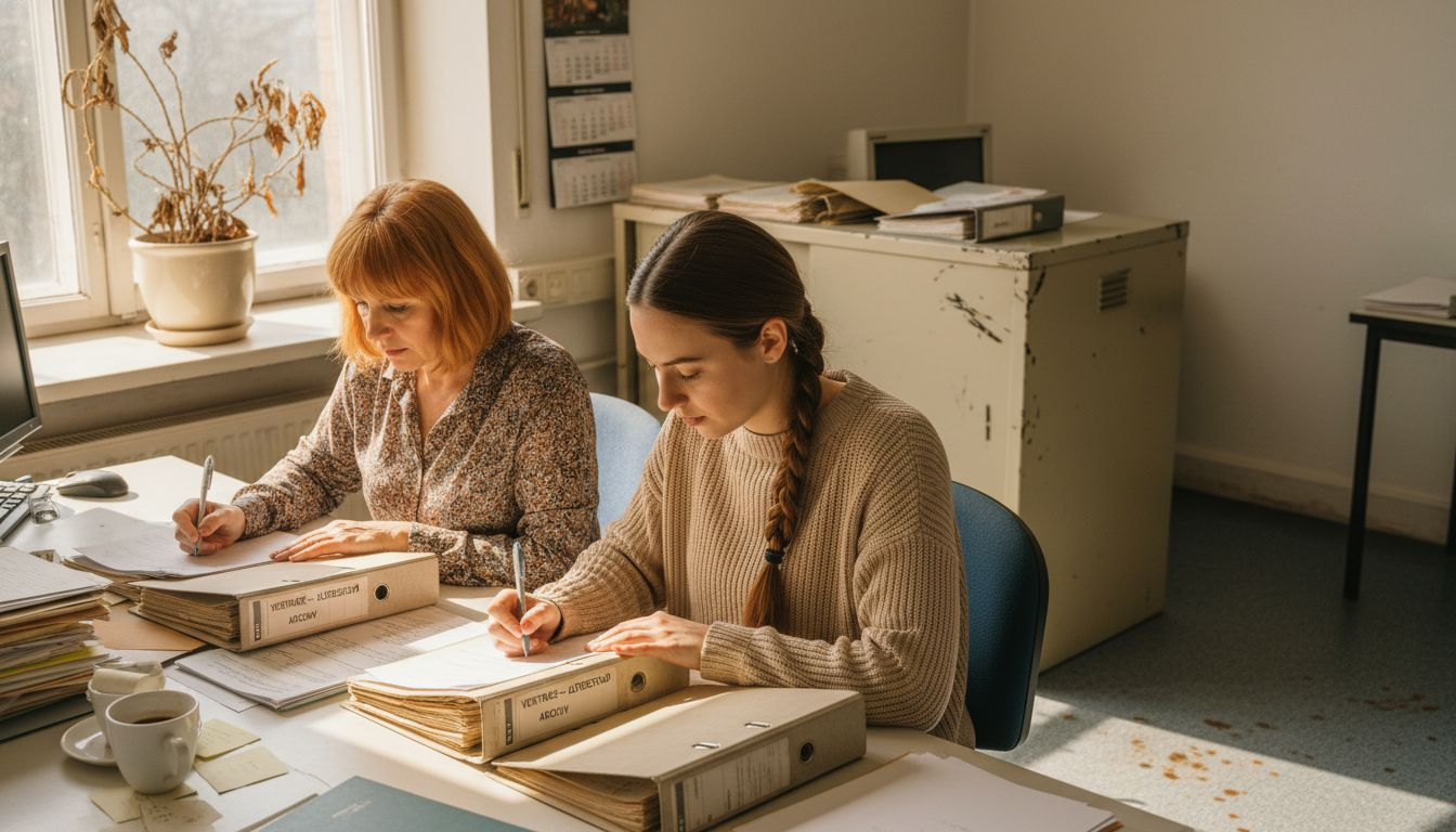 Zwei Frauen gehen gemeinsam ihrer Arbeit in einem angemieteten Büro nach.