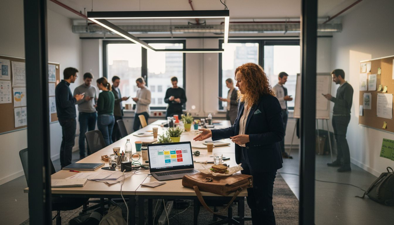 Ein Teamleiter erläutert das Konzept des flexiblen Arbeitsplatzmodells, bei dem Schreibtische nicht fest zugeteilt sind, sondern je nach Bedarf von verschiedenen Mitarbeitenden genutzt werden können.