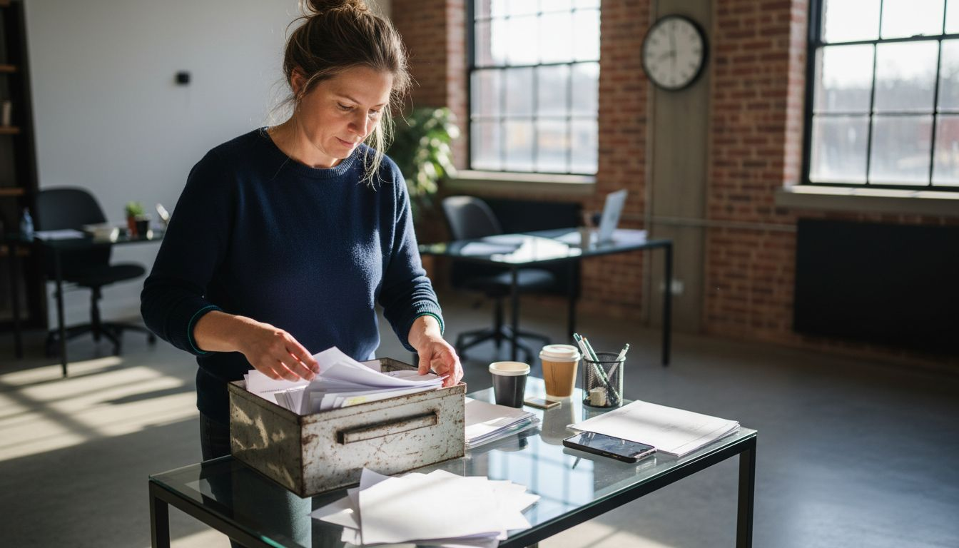 Eine Geschäftsfrau sortiert ihre Post im Coworking Space.