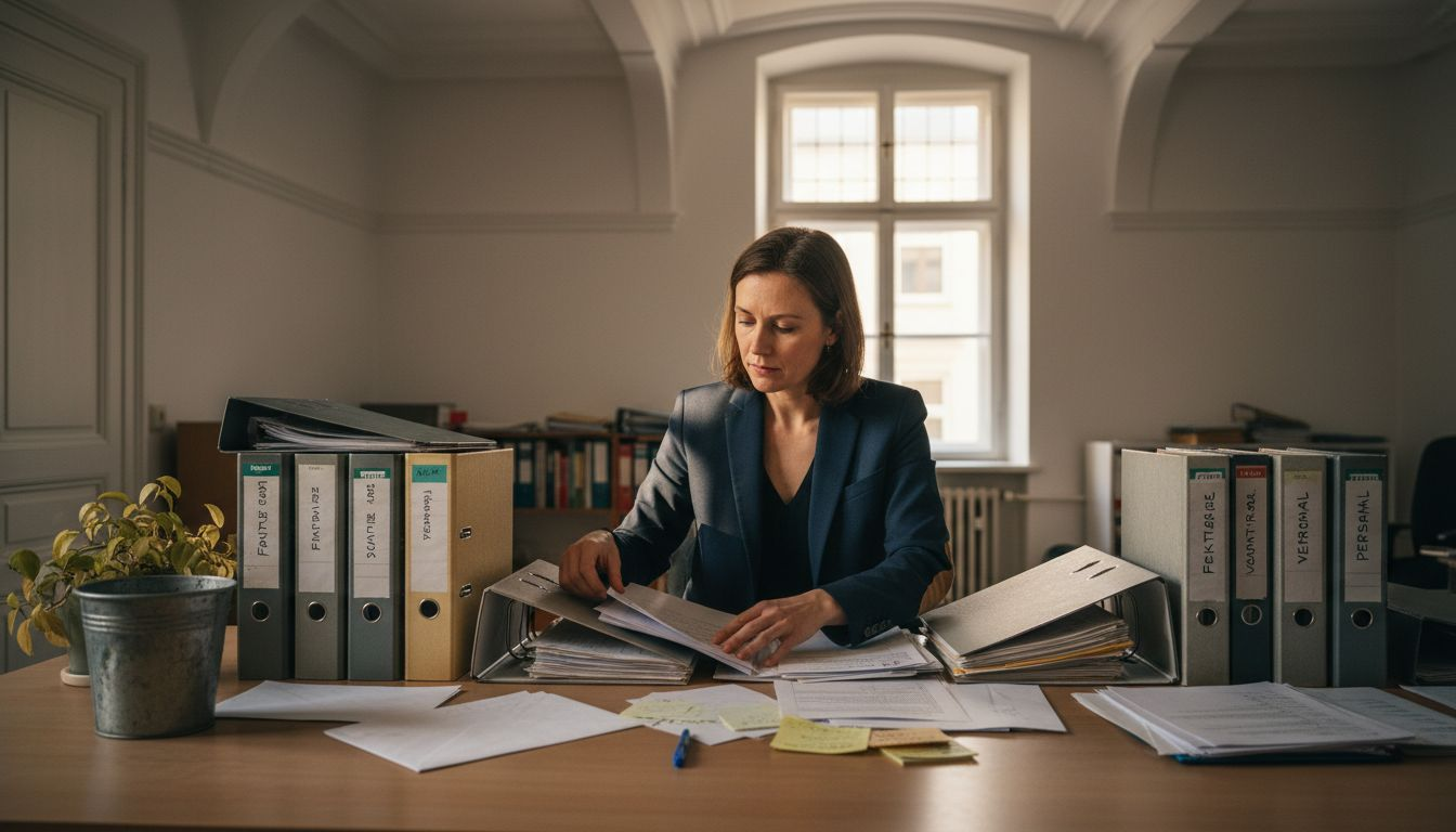 Eine Mitarbeiterin ordnet Unterlagen am Arbeitsplatz im Büro.