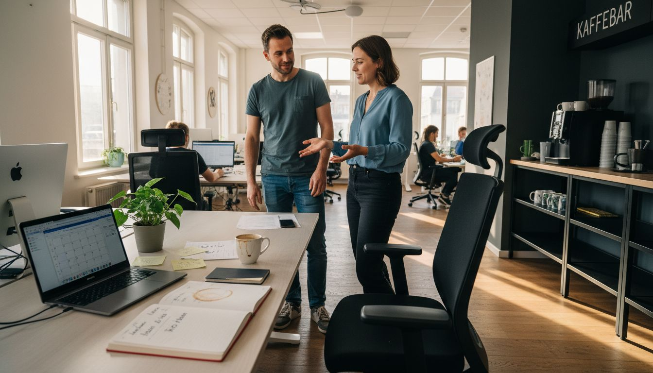 Interessierte Besucher werden von unseren Mitarbeitenden durch den Coworking-Bereich geführt und erhalten dabei einen umfassenden Einblick in die Räumlichkeiten und Angebote.