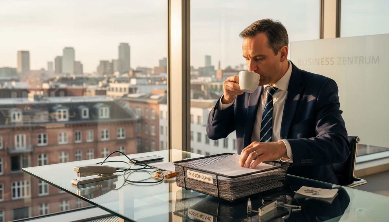 Ein Mann sitzt an einem Glastisch und arbeitet an einem Stapel Papier.