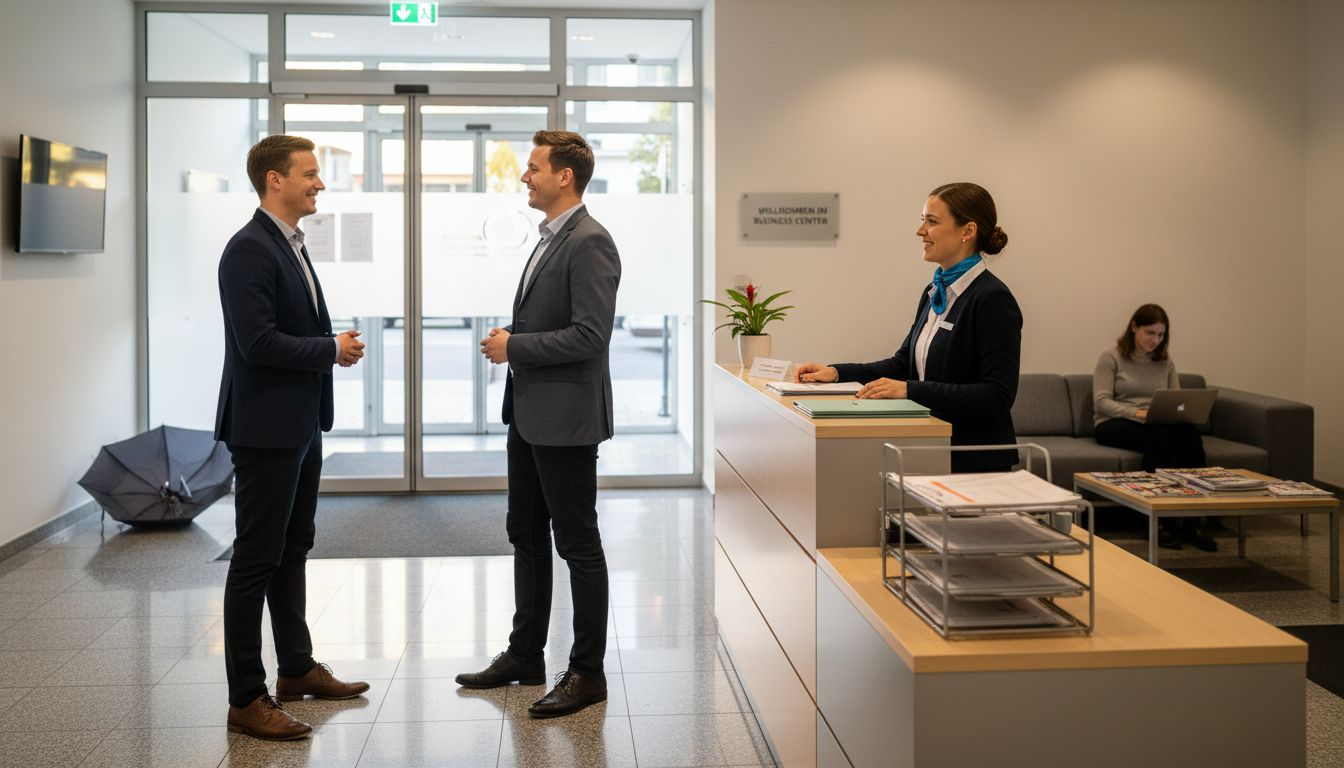 Freundlicher Empfangsbereich eines modernen Business Centers mit Besuchern