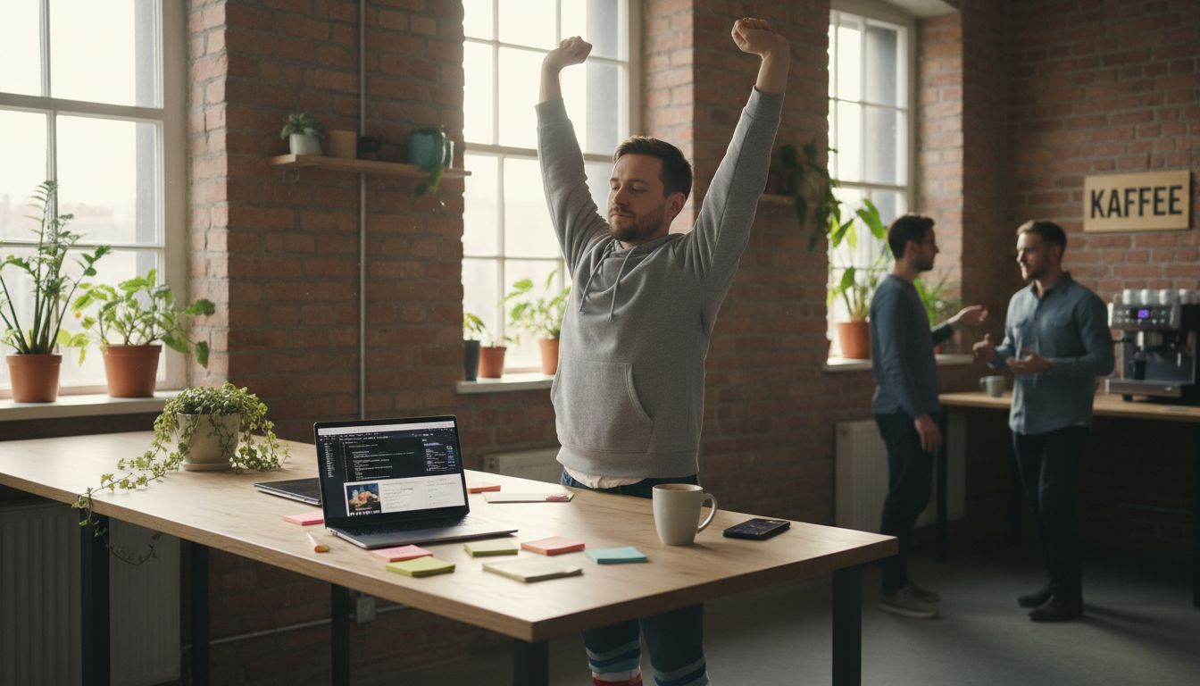 Mitarbeiter eines Startups arbeitet konzentriert an seinem Schreibtisch im Coworking Space.