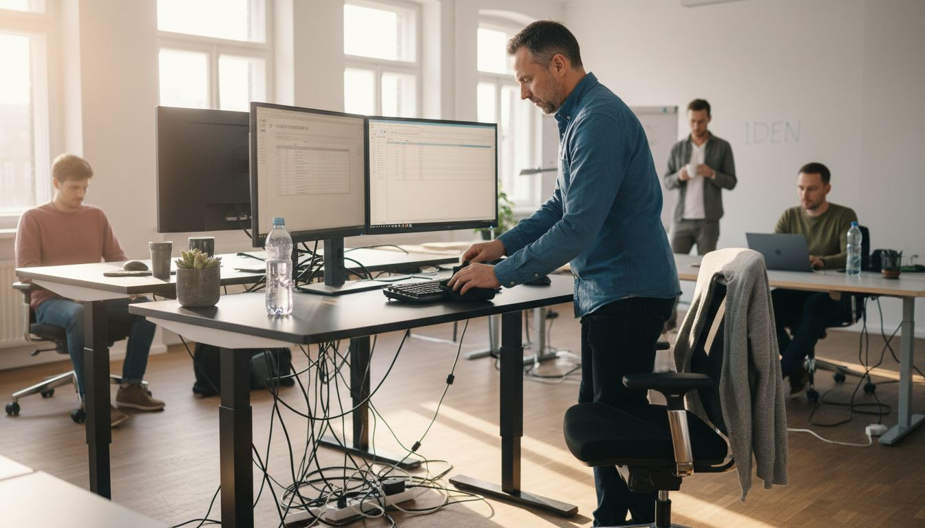 Ein Mann richtet sich einen flexiblen Arbeitsplatz mit mehreren Monitoren am Schreibtisch ein.