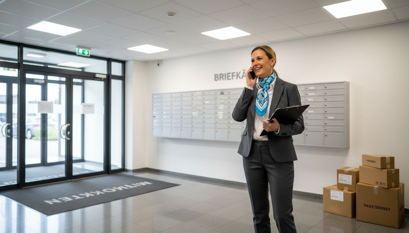 Geschäftsfrau steht in der Lobby eines Bürogebäudes neben den Briefkästen.