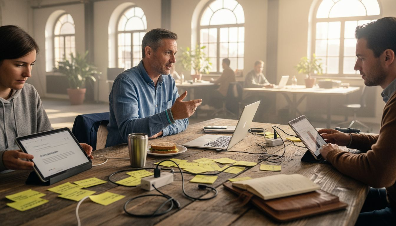 Ein Team arbeitet im Coworking-Space und nutzt dabei moderne digitale Tools für die Zusammenarbeit.