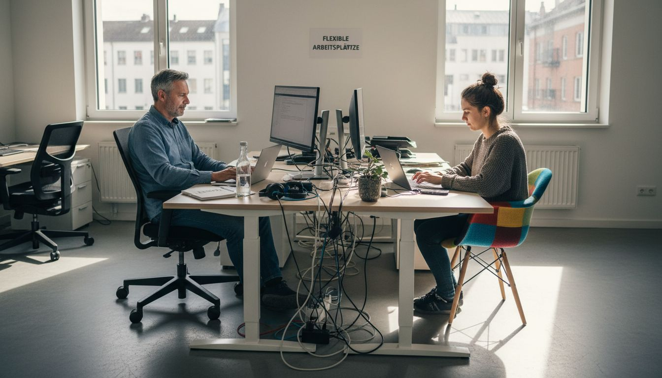 Mitarbeiter nutzen gemeinsam flexible Schreibtische im Open Space.