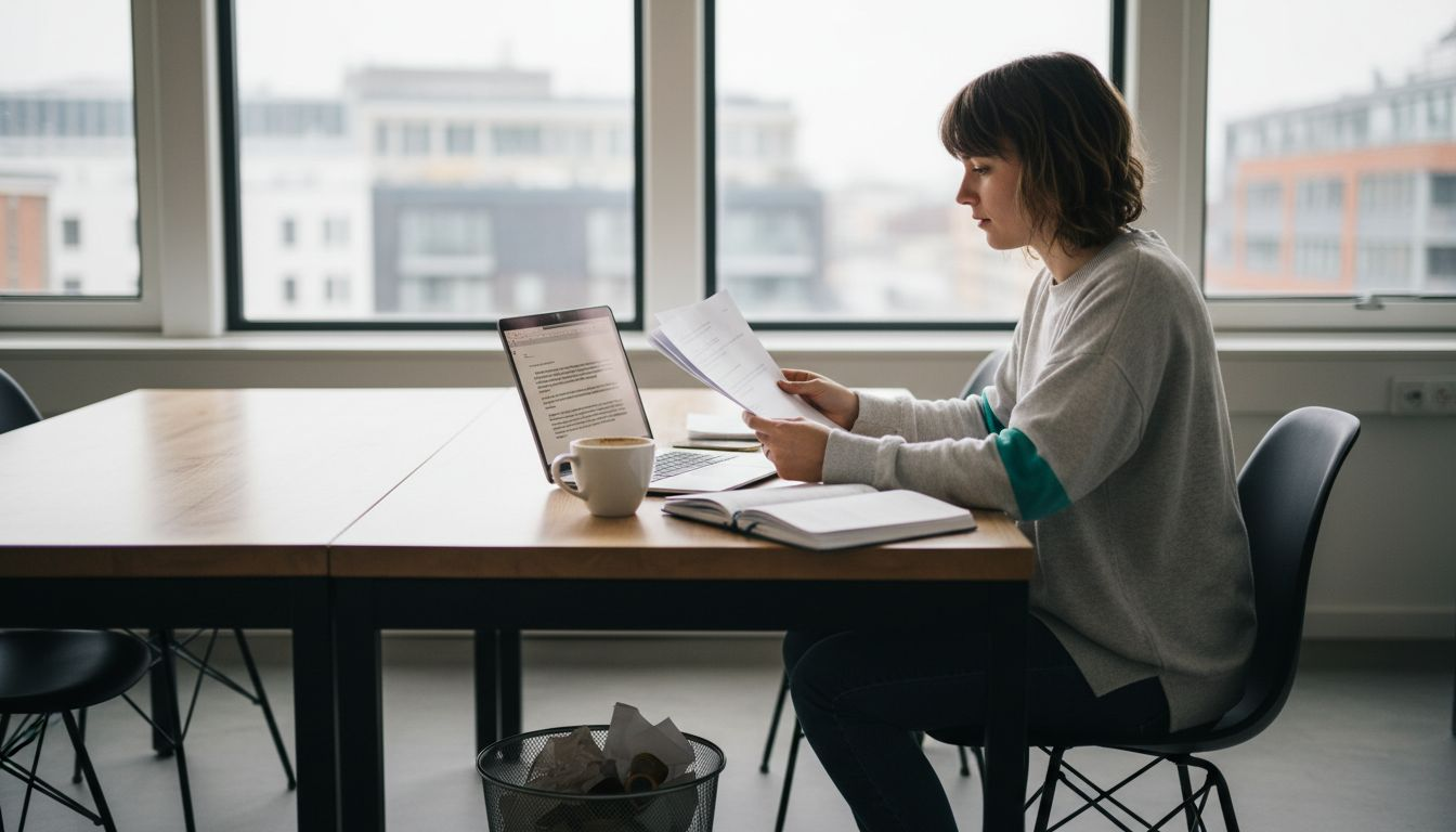 Eine Frau bearbeitet Unterlagen in einem modernen Coworking-Bereich.