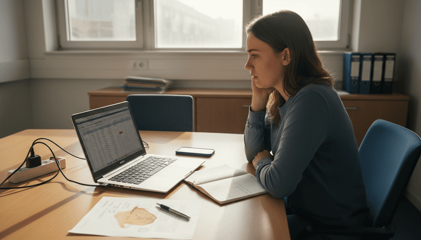 Eine Frau arbeitet mit ihrem Laptop in einem kleinen Meetingraum.