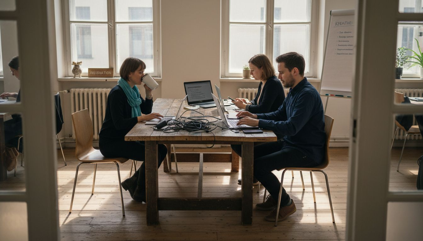 Austausch und Zusammenarbeit im kleinen Team – gemeinsam im Coworking-Space neue Kontakte knüpfen und Ideen entwickeln.