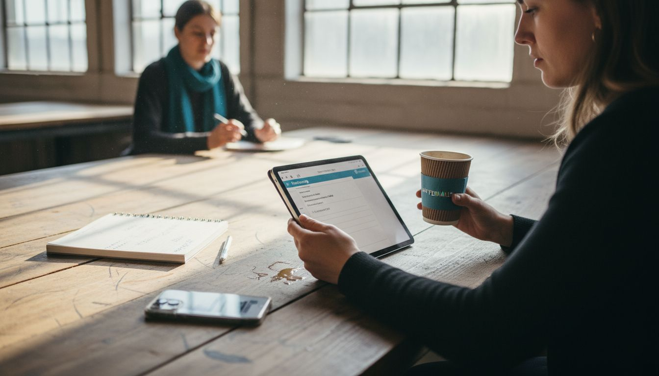 Ein Freelancer sitzt im modernen Coworking-Space und arbeitet entspannt an seinem Tablet.