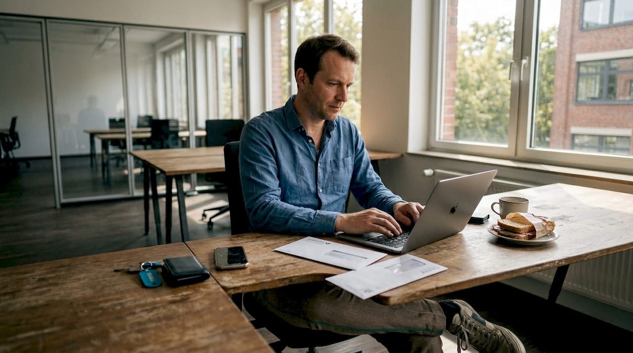 Ein Mann prüft verschiedene Möglichkeiten für eine Geschäftsadresse und vergleicht dabei unterschiedliche Arbeitsplatzmodelle.