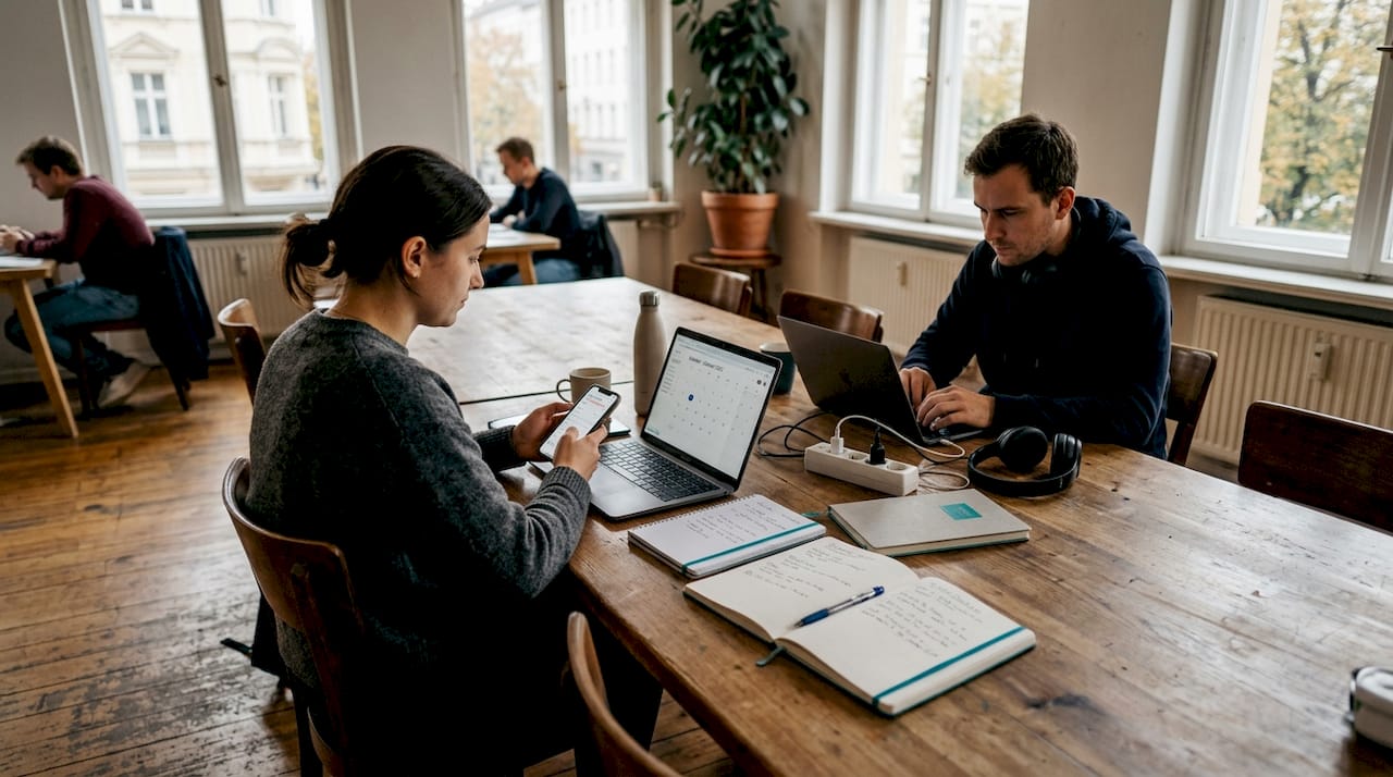 Freiberufler arbeiten gemeinsam in einem Coworking-Space und tauschen sich aus.