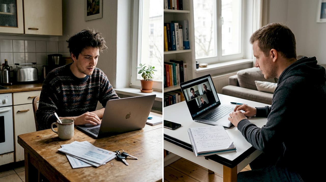 Zwei Menschen arbeiten im Homeoffice und sind per Videokonferenz miteinander verbunden.