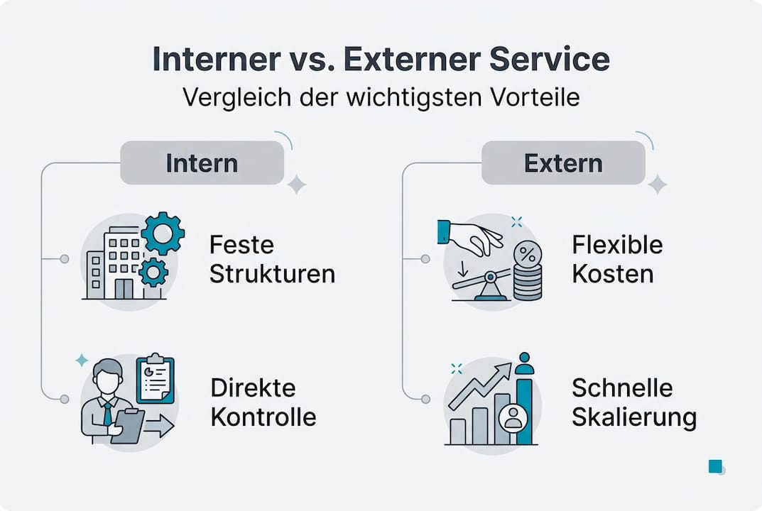 In dieser Infografik werden die Vor- und Nachteile von internen und externen Sekretariaten übersichtlich gegenübergestellt.