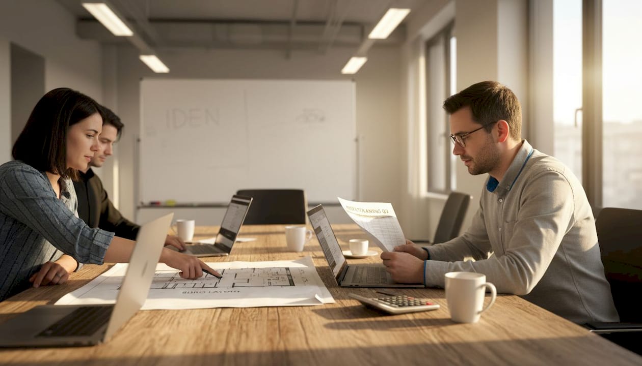 Ein Team sitzt gemeinsam am Konferenztisch und bespricht, welche Anforderungen und Wünsche es für das Büro gibt.