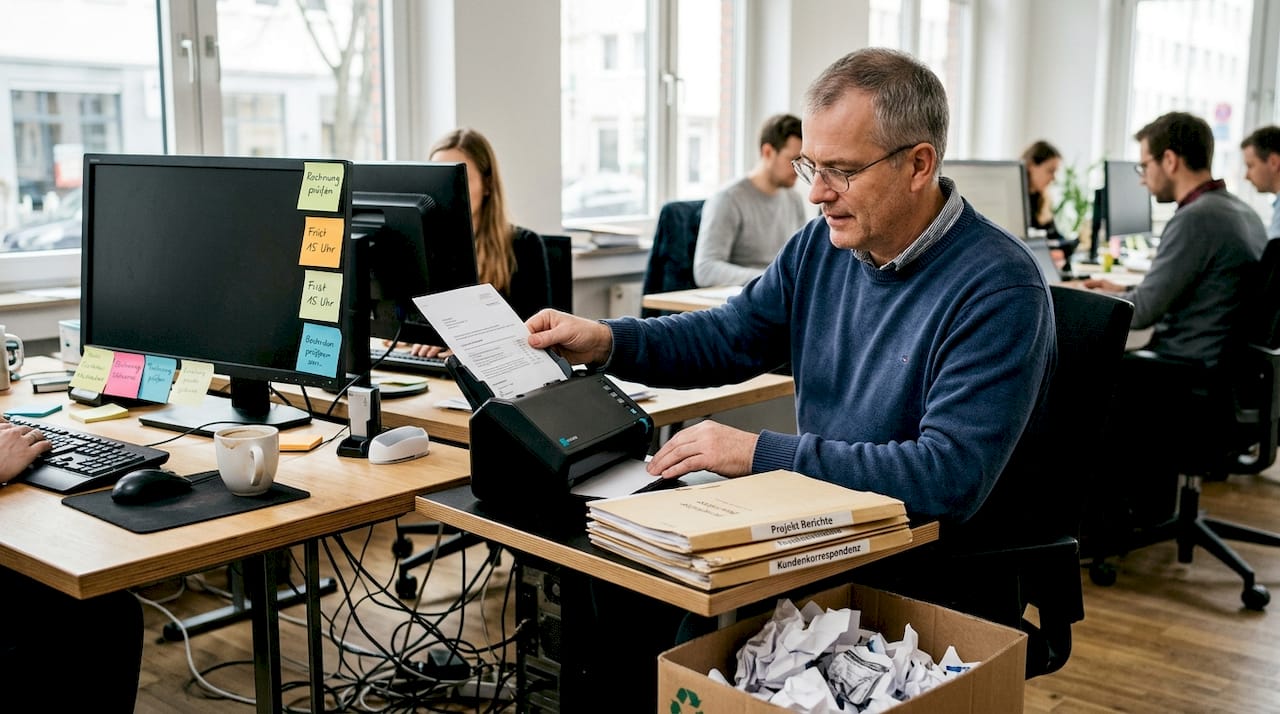 Ein Mitarbeiter digitalisiert Unterlagen inmitten eines geschäftigen Büroalltags.