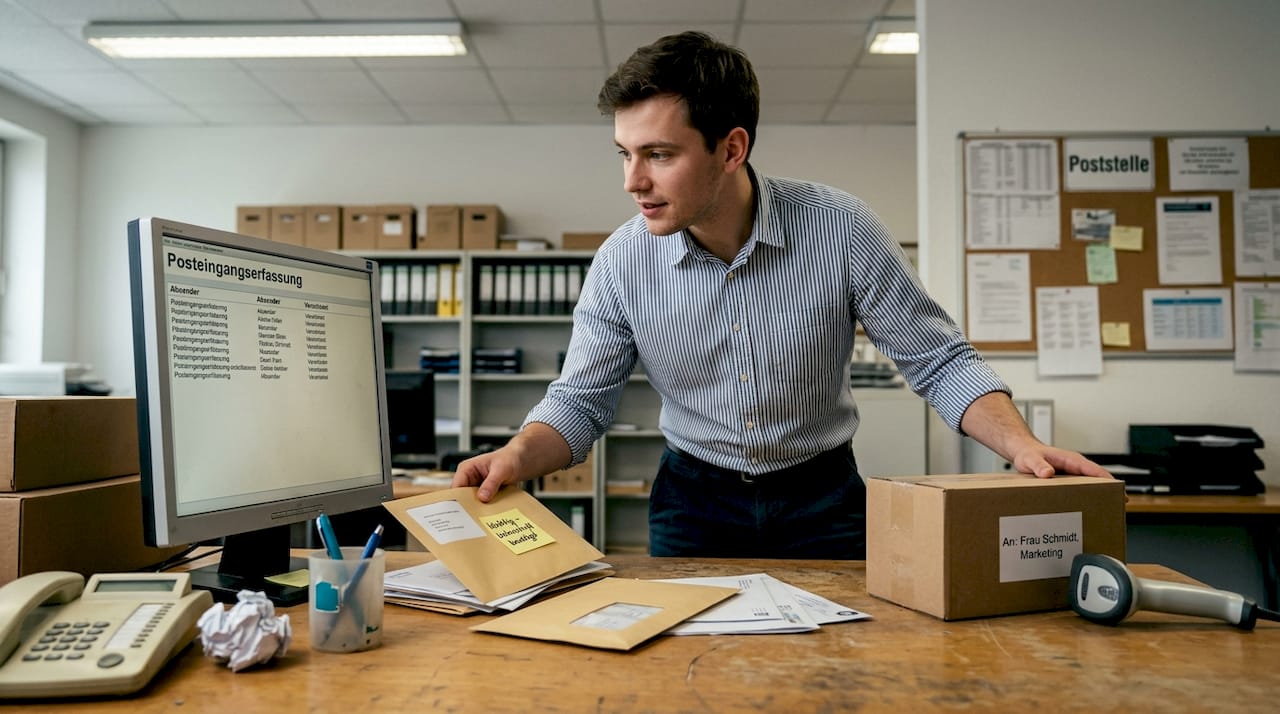Ein Mitarbeiter sortiert die Post am Besprechungstisch im Bürozentrum.
