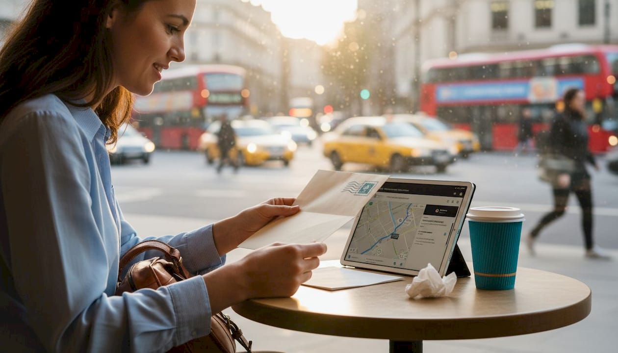 Unternehmerin überprüft ihre Geschäftsadresse bei einer Tasse Kaffee im Café.