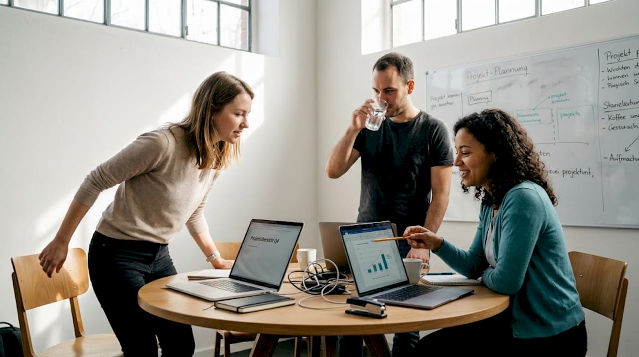 Im Büro tauschen sich Kollegen an einem runden Tisch über technische Themen aus.