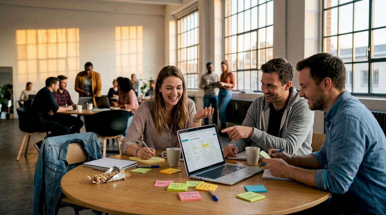 Im Coworking-Bereich arbeiten Teams gemeinsam an einem Tisch und tauschen sich intensiv aus.