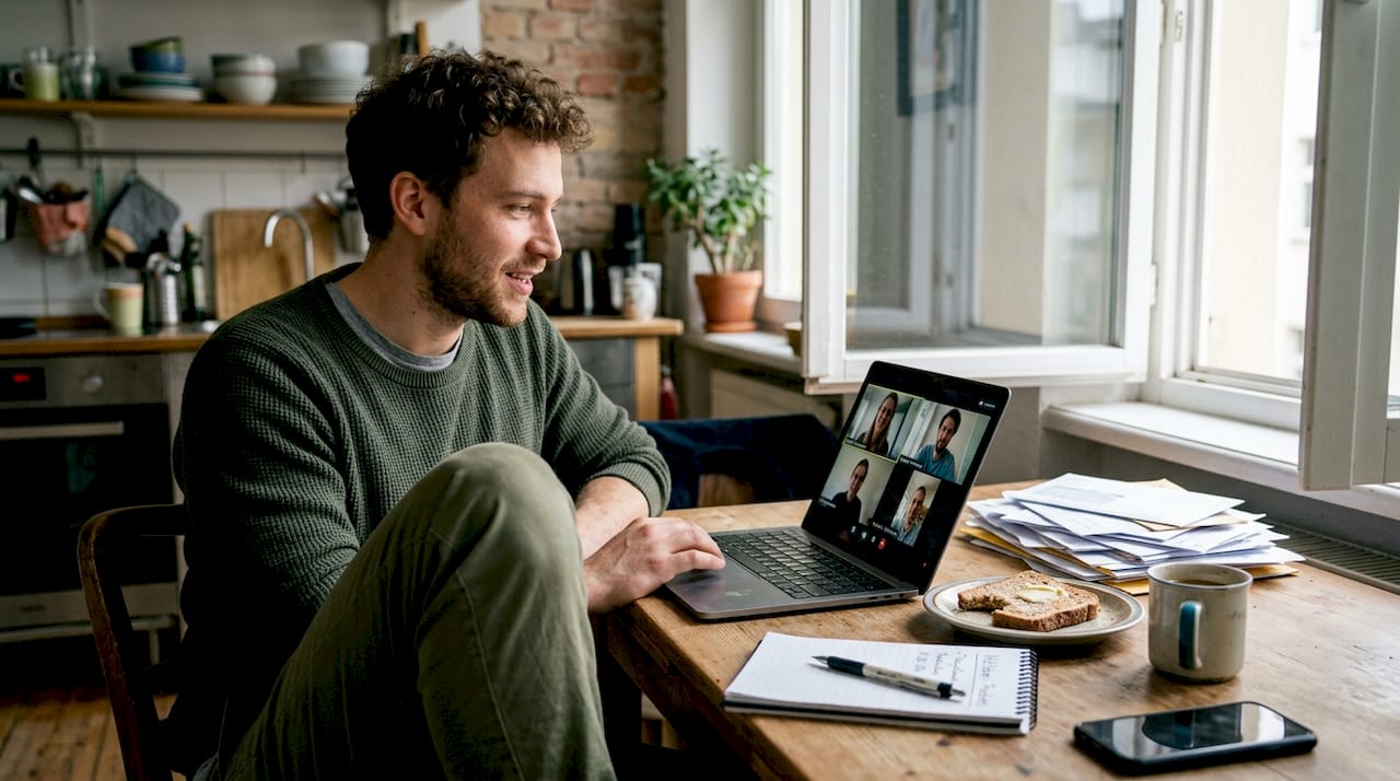 Ein Mitarbeiter im Homeoffice wählt sich in eine virtuelle Teamsitzung ein.