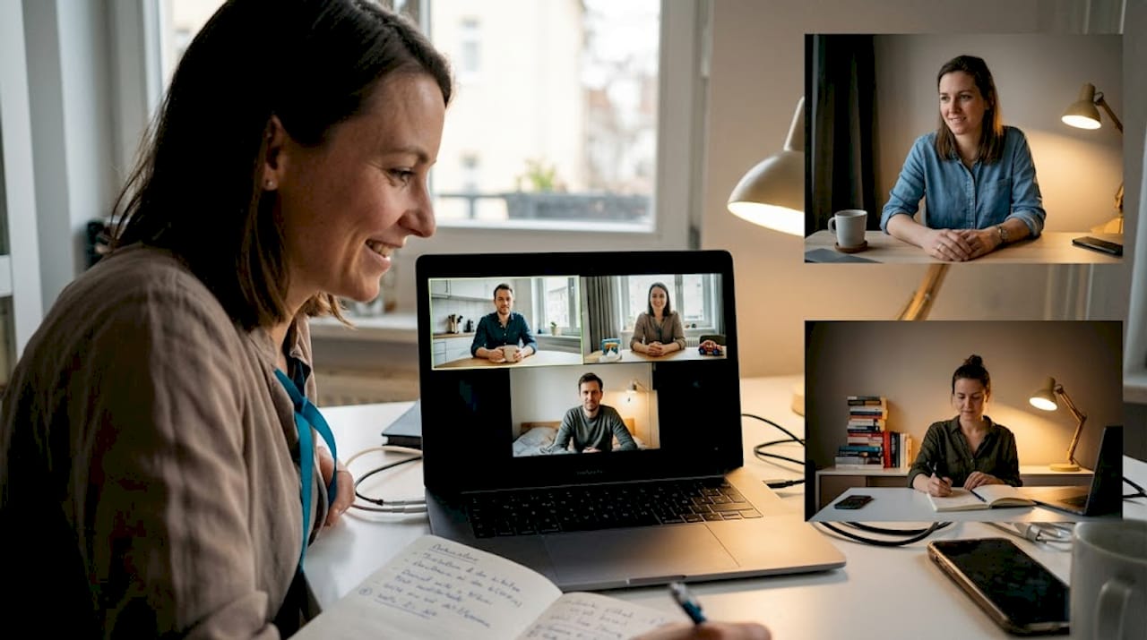 Mitarbeitende tauschen sich per Videokonferenz aus, obwohl sie an unterschiedlichen Orten arbeiten.