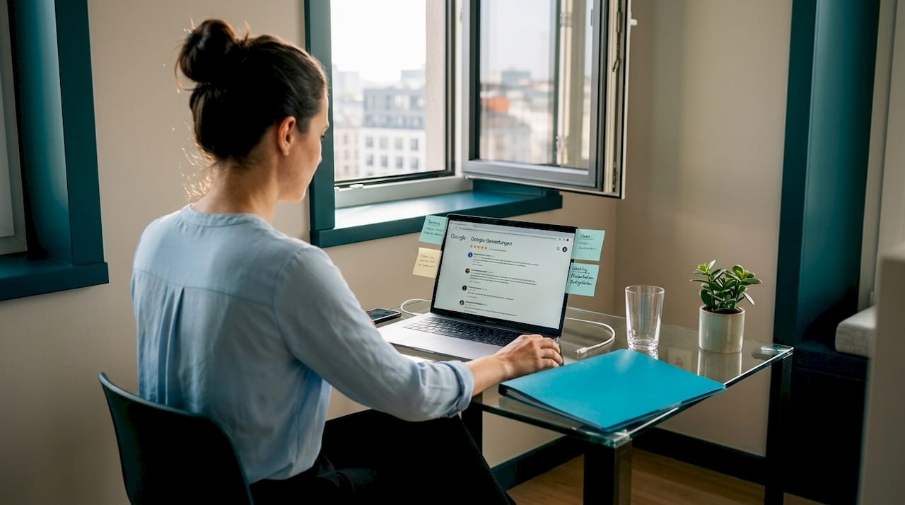 Eine Frau sitzt im Homeoffice und liest die Google-Bewertungen.