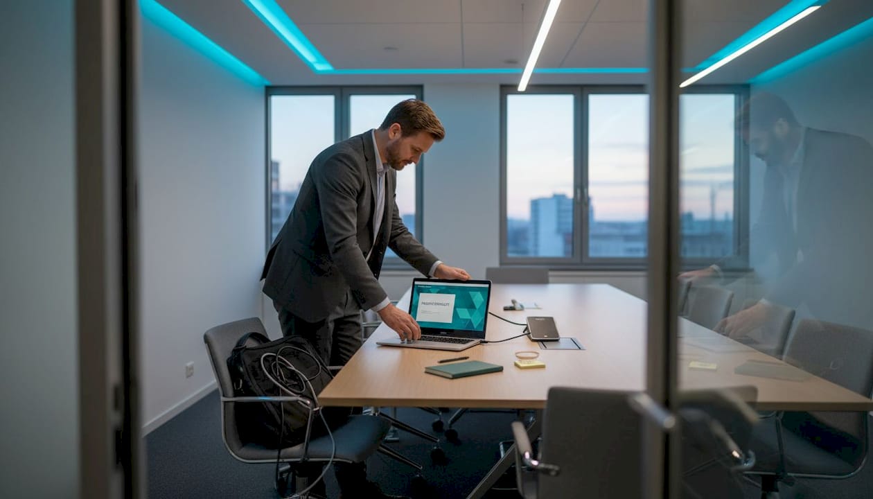 Vor Beginn des Meetings überprüft ein Mann seine Technik.