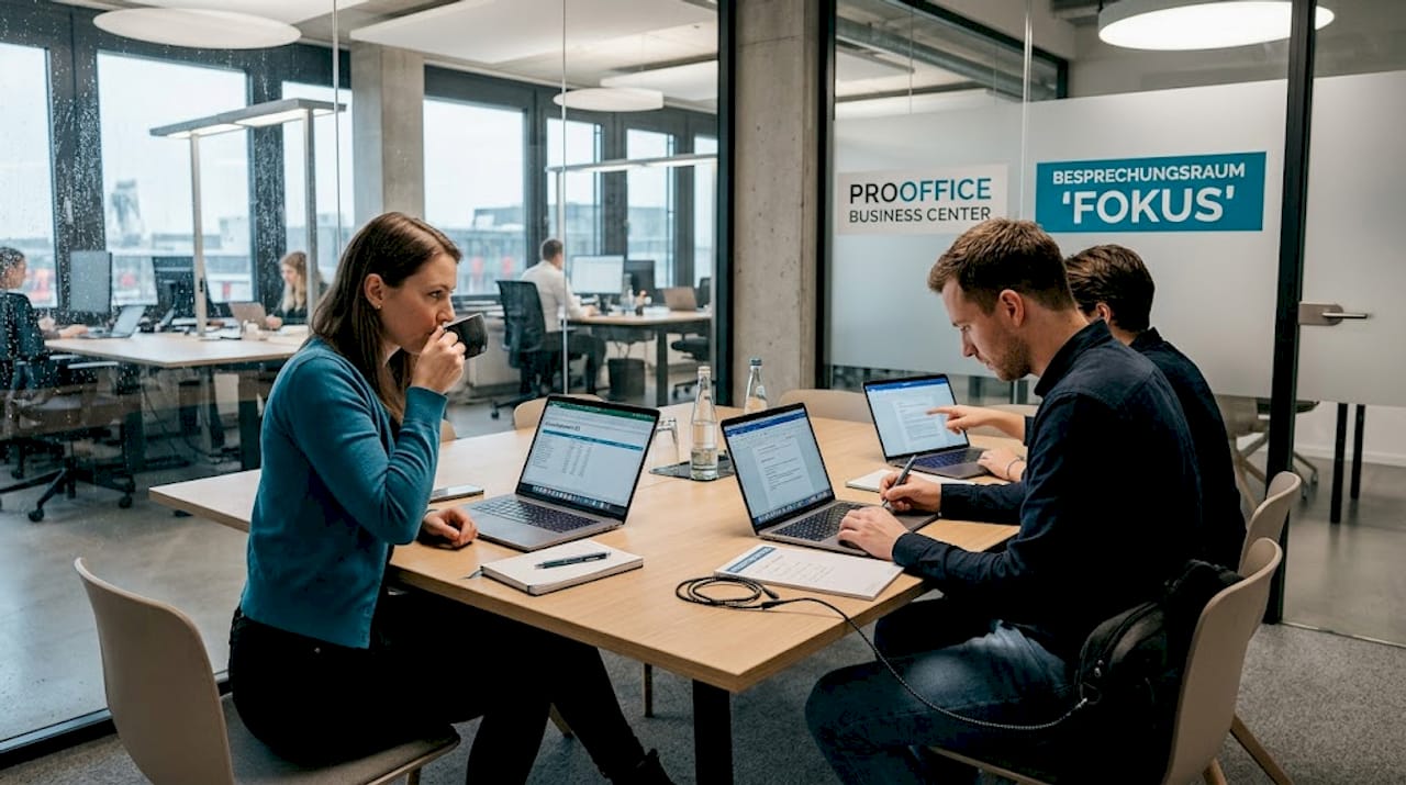 Ein Team arbeitet gemeinsam an einem großen Tisch im modernen Hybridbüro.
