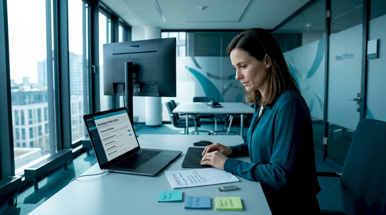 Eine Mitarbeiterin macht sich am Arbeitsplatz mit den Datenschutz-Einstellungen vertraut.
